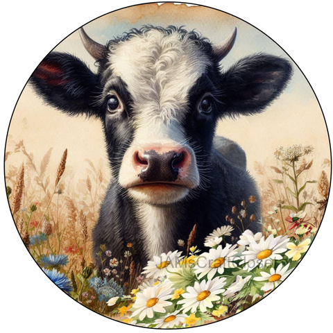 ROUND Digital Graphic Design COW WITH DAISIES Floral Wedding Gift First Home Sublimation Decoupage PNG SVG Country Farmhouse Home Kitchen Decor Wall Art Shelf Sitter Gift Crafters Delight - JAMsCraftCloset