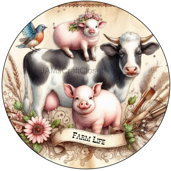 ROUND Digital Graphic Design FARM LIFE - COW PIGS BIRD Floral Wedding Gift First Home Sublimation Decoupage PNG SVG Country Farmhouse Home Kitchen Decor Wall Art Shelf Sitter Gift Crafters Delight - JAMsCraftCloset