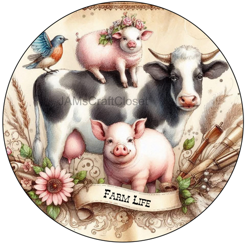 ROUND Digital Graphic Design FARM LIFE - COW PIGS BIRD Floral Wedding Gift First Home Sublimation Decoupage PNG SVG Country Farmhouse Home Kitchen Decor Wall Art Shelf Sitter Gift Crafters Delight - JAMsCraftCloset