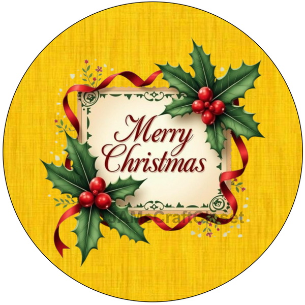 ROUND Digital Graphic Design  Merry Christmas Holly Berries Yellow Background - CHRISTMAS DESIGN PNG-JPEG-PDF-SVG-Decoupage-Sublimation Design Graphic Country Farmhouse Home Decor HOLIDAY Decor Gift Crafters Delight - JAMsCraftCloset