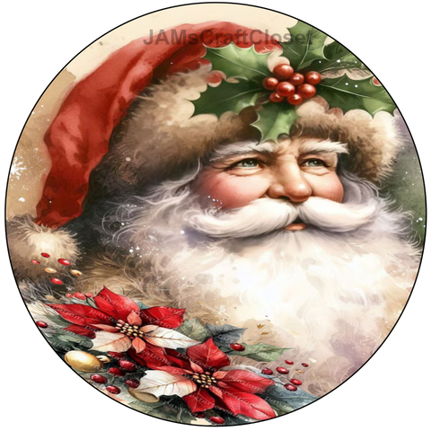 ROUND Digital Graphic Design  SANTA FACE HOLLY POINSETTIAS - CHRISTMAS DESIGN PNG-JPEG-PDF-SVG-Decoupage-Sublimation Design Graphic Country Farmhouse Home Decor HOLIDAY Decor Gift Crafters Delight - JAMsCraftCloset