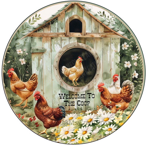 ROUND Digital Graphic Design WELCOME TO THE COOP 3 Rooster Hens Daisies Floral Wedding Gift First Home Sublimation Decoupage PNG SVG Country Farmhouse Home Kitchen Decor Wall Art Shelf Sitter Gift Crafters Delight - JAMsCraftCloset