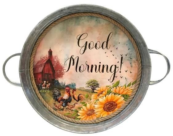 Galvanized Metal Round TRAY Farmhouse Country Coffee Bar Wall Art GOOD MORNING Handmade Gift Idea  - JAMsCraftCloset