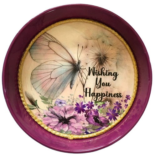 Cake Pan Round Purple WISHING YOU HAPPINESS Butterfly LOVE Wall Art Handmade Hand Painted Repurposed Upcycled Wedding Wedding Gift Idea - JAMsCraftCloset