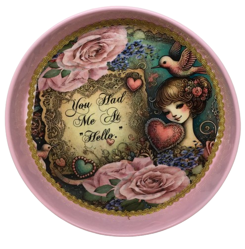 Cake Pan Round Pink YOU HAD ME AT HELLO Hearth and Roses LOVE Wall Art Handmade Hand Painted Repurposed Upcycled Wedding Wedding Gift Idea - JAMsCraftCloset