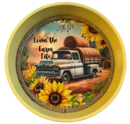 Cake Pan Round Yellow LOVIN THE FARM LIFE Country Farmhouse Wall Art Handmade Hand Painted Repurposed Upcycled Wedding Gift Idea - JAMsCraftCloset