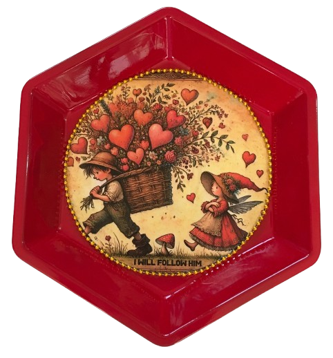 Valentine Hexagon-Shaped Red Tin Wall Art Handmade Hand Painted Love Saying - I WILL FOLLOW HIM - Holiday Decoration LOVE Gift Idea Crafters Delight - JAMsCraftCloset