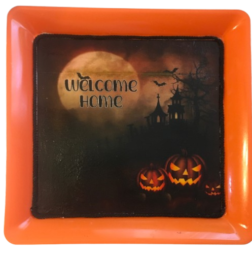 TRAY Orange Plastic Square Decoupaged Hand Painted Upcycled Repurposed Wall Art WELCOME HOME Home Decor Halloween Decor Wall Art Gift - JAMsCraftCloset
