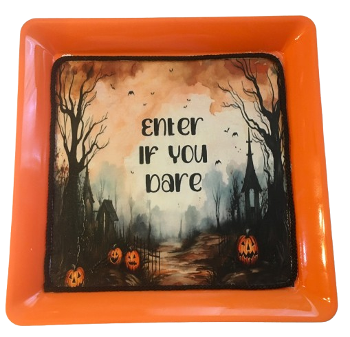 TRAY Orange Plastic Square Decoupaged Hand Painted Upcycled Repurposed Wall Art ENTER IF YOU DARE Home Decor Halloween Decor Wall Art Gift - JAMsCraftCloset
