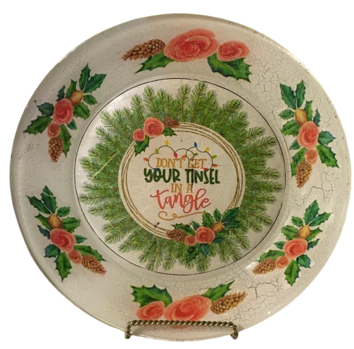 Round Glass Plate Reverse Decoupaged Christmas Holiday DON'T GET YOU TINSEL IN A TANGLE Farmhouse Country Shelf Sitter Handmade Gift Idea  - JAMsCraftCloset