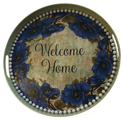 TRAY GREEN METAL ROUND Decoupaged Hand Painted Upcycled Repurposed Wall Art WELCOME HOME Home Decor LOVE Wall Art Gift - JAMsCraftCloset