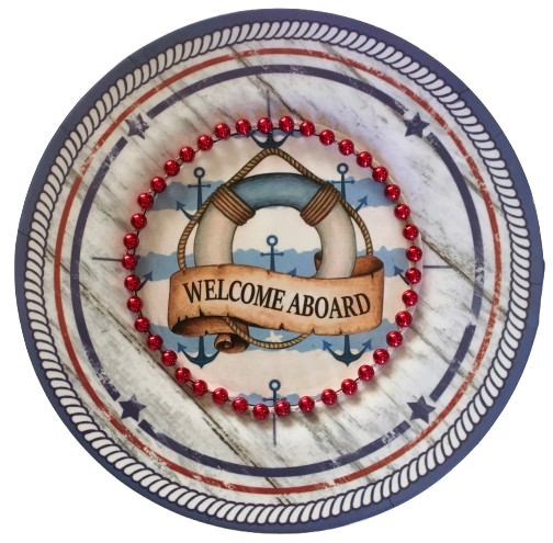 Hard Plastic PLATE Round WELCOME ABOARD Nautical Decor Boat Decor Cabin Cruiser Decor Lake House Beach House Handmade Decoupaged Repurposed Upcycled Gift Idea - JAMsCraftCloset