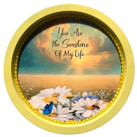 Metal Round YELLOW TRAY Farmhouse Country Daisy Design Wall Art YOU ARE THE SUNSHINE OF MY LIFE Cottage Chic Victorian Decor Handmade Engagement Wedding Gift Idea  - JAMsCraftCloset