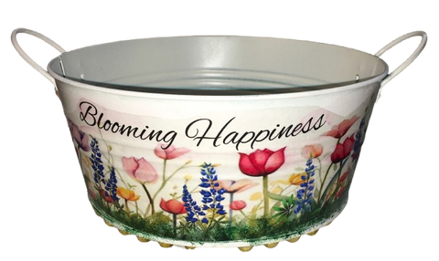 Galvanized Metal Round Bucket-Pail Farmhouse Country Wall Art or Shelf Sitter BLOOMING HAPPINESS- TULIPS AND BLUE LUPINE Handmade Storage Gift Idea  - JAMsCraftCloset