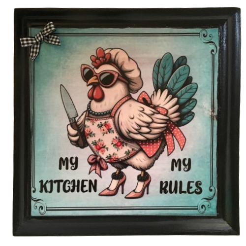 Wood Wall Art Plaque MY KITCHEN MY RULES Hen With Knife Square Decoupaged Kitchen Home Decor Gift Idea Positive Saying - JAMsCraftCloset