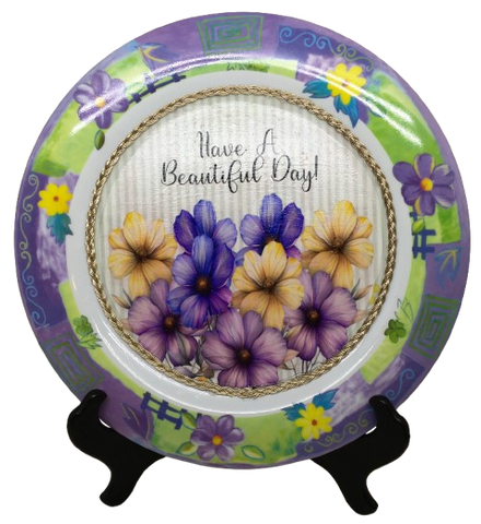 PLATE FLORAL PLASTIC ROUND DECOUPAGED Upcycled Repurposed Wall Art or Shelf Sitter HAVE A BEAUTIFUL DAY Green Background Home Decor Wall Art Gift WEDDING - JAMsCraftCloset