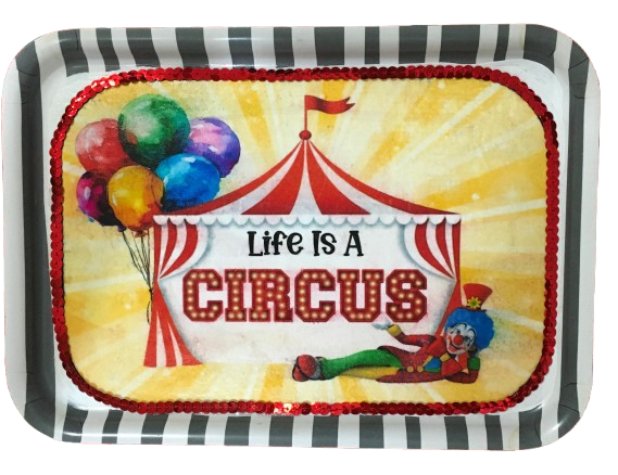 TRAY WHITE  GRAY STRIPED Plastic Rectangle Decoupaged Upcycled Repurposed Circus Theme LIFE IS A CIRCUS Wall Art Shelf Sitter Decor Wall Art Gift - JAMsCraftCloset