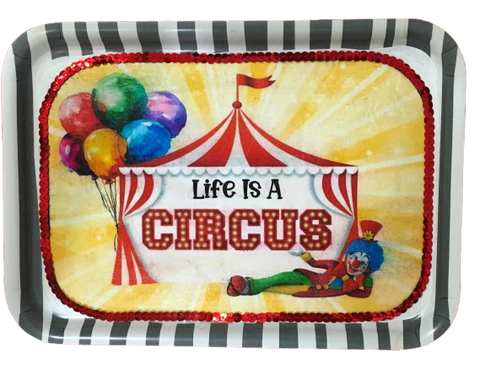 TRAY WHITE  GRAY STRIPED Plastic Rectangle Decoupaged Upcycled Repurposed Circus Theme LIFE IS A CIRCUS Wall Art Shelf Sitter Decor Wall Art Gift - JAMsCraftCloset