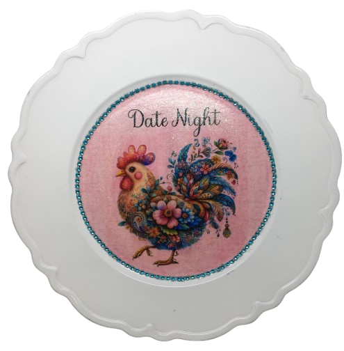 PLATE CHARGER WHITE PLASTIC ROUND Decoupaged Hand Painted Upcycled Repurposed Wall Art DATE NIGHT Home Decor Closet Wall Art Gift - JAMsCraftCloset