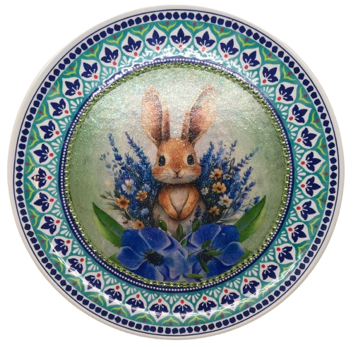 PLATE PLASTIC ROUND Decoupaged Hand Painted Upcycled Repurposed Wall Art BUNNY BLUE FLORAL Home Decor Spring Easter Wall Art Gift - JAMsCraftCloset