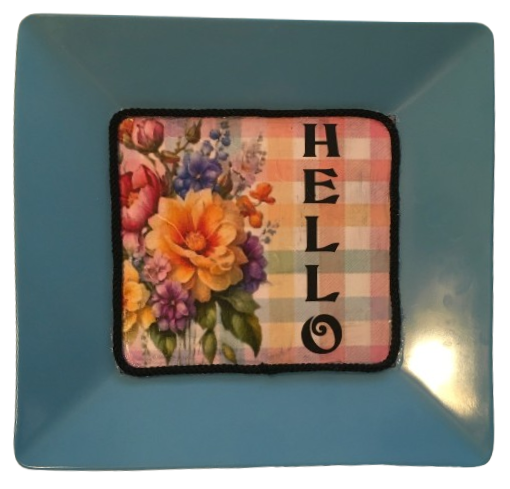 TRAY Pale Blue Plastic Square Decoupaged Hand Painted Upcycled Repurposed Wall Art SPRING FLORAL - HELLO Home Decor Wall Art Gift - JAMsCraftCloset