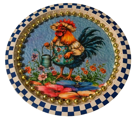 Metal Round RED, WHITE, and BLUE TRAY Farmhouse Country HEN WITH WATERING CAN Design Wall Art Country Farmhouse Decor Handmade Kitchen or Coffee Bar Decor Gift Idea  - JAMsCraftCloset