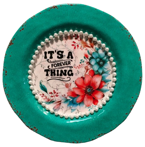 PLATE CHARGER TEAL AQUA PLASTIC ROUND DECOUPAGED Upcycled Repurposed Wall Art or Shelf Sitter IT IS A FOREVER THING Home Decor Wall Art Gift WEDDING - JAMsCraftCloset