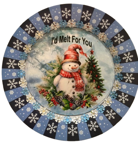 PLATE PLASTIC ROUND Blue and White DECOUPAGED Upcycled Repurposed Wall Art or Shelf Sitter I'D MELT FOR YOU Christmas Holiday Snowman Home Decor Wall Art Gift WEDDING - JAMsCraftCloset