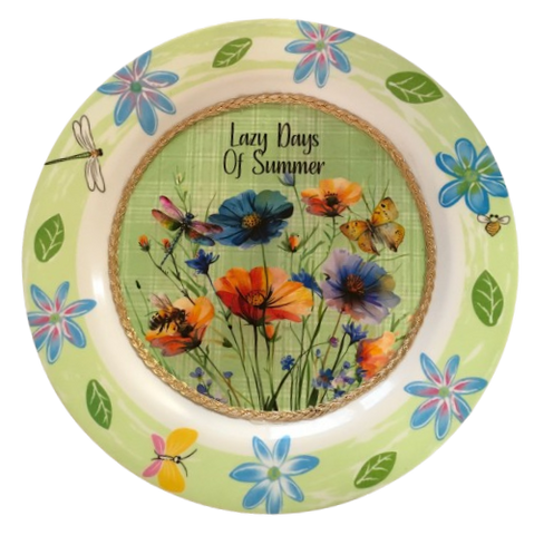 PLATE FLORAL PLASTIC ROUND DECOUPAGED Upcycled Repurposed Wall Art or Shelf Sitter LAZY DAYS OF SUMMER Green Red Blue Floral Home Decor Wall Art Gift WEDDING - JAMsCraftCloset