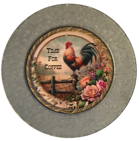 Galvanized Metal Round Charger Plate With Hanging Hook Decoupaged Farmhouse Country Coffee Bar Wall Art Shelf Sitter TIME FOR COFFEE Handmade Gift Idea - JAMsCraftCloset
