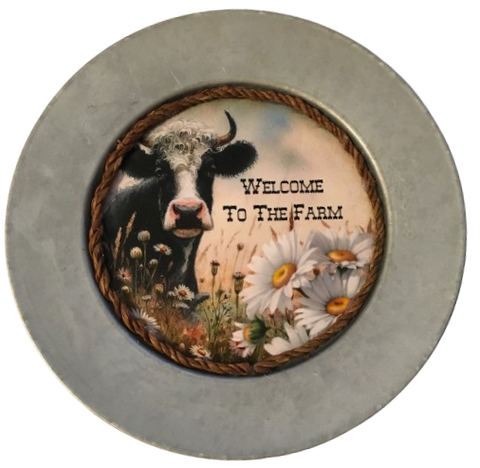 Galvanized Metal Round Charger Plate With Hanging Hook Decoupaged Farmhouse Country Wall Art Shelf Sitter WELCOME TO THE FARM COW Handmade Gift Idea - JAMsCraftCloset