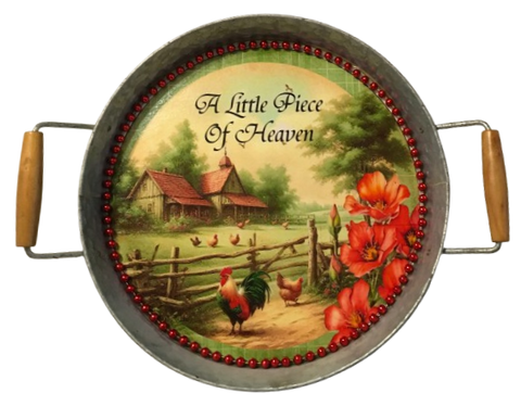 Galvanized Metal Round TRAY Farmhouse Country Shelf Sitter Wall Art A LITTLE PIECE OF HEAVEN Farm Chickens Floral Handmade Gift Idea  - JAMsCraftCloset