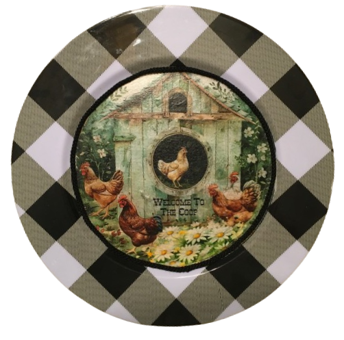 PLATE CHARGER BLACK AND WHITE PLAID PLASTIC ROUND DECOUPAGED Upcycled Repurposed Wall Art or Shelf Sitter WELCOME TO THE COOP Kitchen Decor Home Decor Wall Art Gift WEDDING - JAMsCraftCloset