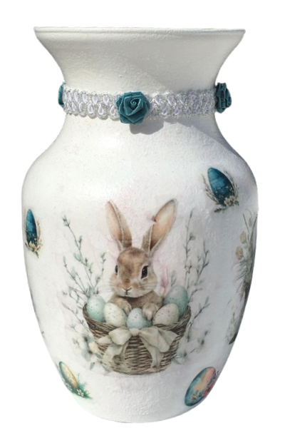 Glass VASE Decoupaged EASTER BUNNIES WITH BASKET AND EGGS Holiday Decor Wedding Decor Shelf Sitter Vase Shabby Chic Victorian BoHo Decor Gift Idea - JAMsCraftCloset