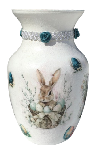 Glass VASE Decoupaged EASTER BUNNIES WITH BASKET AND EGGS Holiday Decor Wedding Decor Shelf Sitter Vase Shabby Chic Victorian BoHo Decor Gift Idea - JAMsCraftCloset
