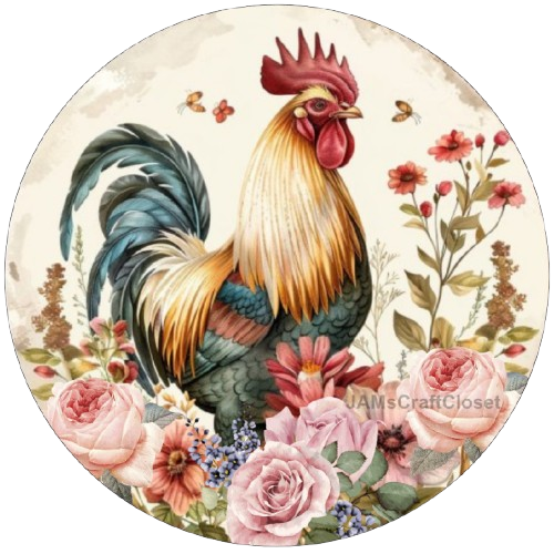 ROUND Digital Graphic Design ROOSTER WITH PINK ROSES Sublimation PNG SVG Lake House Sign Farmhouse Country Home Cabin KITCHEN Wall Art Decor Wreath Design Gift Crafters Delight HAPPY CRAFTING {{ JAMsCraftCloset }}