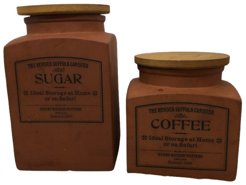 Canister Set REVISED Suffolk Terracotta SUGAR and COFFEE Jar Vintage Wooden Lid Kitchen Decor Collectible Gift Idea {{ JAMsCraftCloset }}