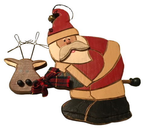 Santa Riding Reindeer Wooden Carved Folk Art Vintage Primitive Country Wall Art Holiday Christmas Decor Gift Idea Collectible {{ JAMsCraftCloset }}