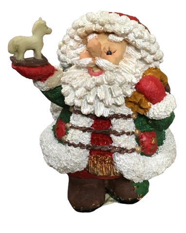 Shelf Sitters Resin FAT SANTA HOLDING HORSE IN PALM OF HAND Vintage Holiday Decoration Christmas Decor Gift Idea Commodore Mfg. Corp. China {{ JAMsCraftCloset }}