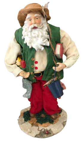 Fishing Santa With Pole and Book Under Arm Paper Mache and Ceramic Vintage Holiday Decoration Christmas Decor Gift Idea {{ JAMsCraftCloset }}