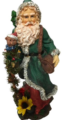 Shelf Sitters SANTA WEARING GREEN CARRYING BEAR AND PURSE Paper Mache Vintage Holiday Decoration Christmas Decor Gift Idea Discontinued {{ JAMsCraftCloset }}
