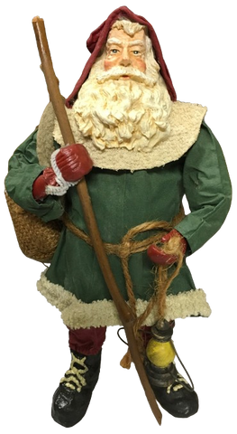 Shelf Sitters SANTA WEARING GREEN CARRYING STICK AND LANTERN Paper Mache Vintage Holiday Decoration Christmas Decor Gift Idea Discontinued {{ JAMsCraftCloset }}