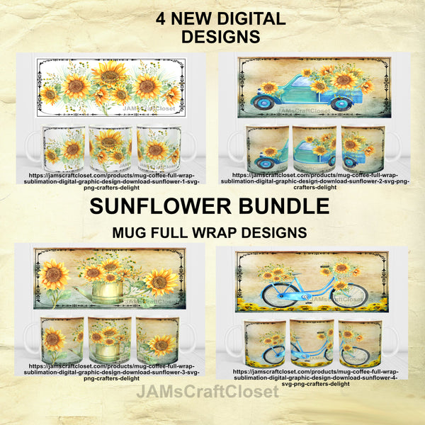 BUNDLE SUNFLOWERS MUG Graphic Design Positive Saying Kitchen Decor Downloads SVG PNG JPEG Files Sublimation Design Crafters Delight {{ JAMsCraftCloset }}