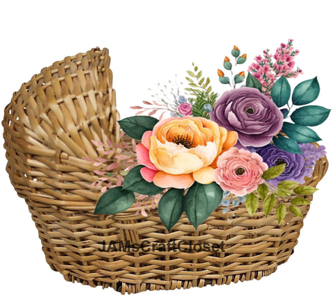 DIGITAL GRAPHIC DESIGN-Country-Vintage BABY BASKET Purple Peach Floral-Sublimation-Download-Digital Print-Clipart-PNG-SVG-JPEG-Crafters Delight-Baby Gift-Digital Art {{ JAMsCraftCloset }}
