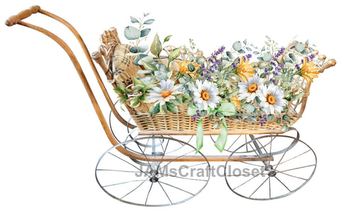 DIGITAL GRAPHIC DESIGN-Country-Vintage BABY PRAM CARRIAGE Daisy-Sublimation-Download-Digital Print-Clipart-PNG-SVG-JPEG-Crafters Delight-Baby Gift-Digital Art {{ JAMsCraftCloset }}
