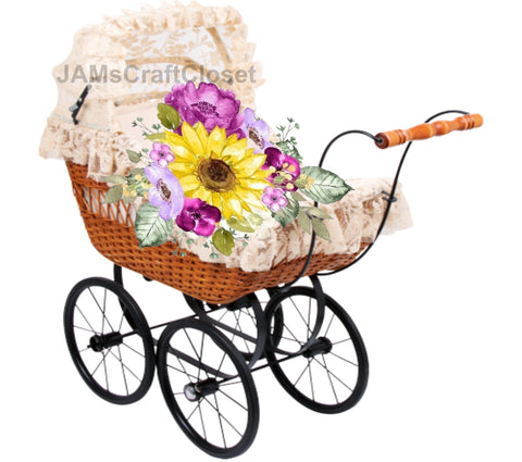 DIGITAL GRAPHIC DESIGN-Country-Vintage BABY PRAM CARRIAGE Purple Yellow Floral-Sublimation-Download-Digital Print-Clipart-PNG-SVG-JPEG-Crafters Delight-Baby Gift-Digital Art {{ JAMsCraftCloset }}