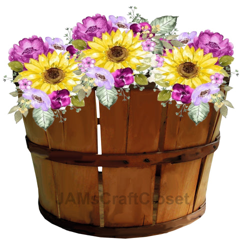 DIGITAL GRAPHIC DESIGN-Country-Floral-Vintage BUSHEL BASKET Yellow Purple Flowers-Sublimation-Download-Digital Print-Clipart-PNG-SVG-JPEG-Crafters Delight-Digital Art {{ JAMsCraftCloset }}