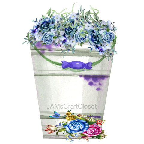 DIGITAL GRAPHIC DESIGN-Country-Vintage Bucket JAM Bucket 8 Blue Roses-Sublimation-Download-Digital Print-Clipart-PNG-SVG-JPEG-Crafters Delight-Kitchen Decor-Gift-Digital Art {{ JAMsCraftCloset }}
