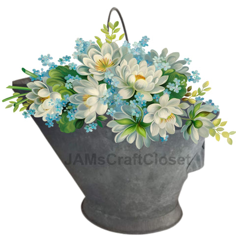 DIGITAL GRAPHIC DESIGN-Country-Floral-Vintage COAL BUCKET White Flowers-Sublimation-Download-Digital Print-Clipart-PNG-SVG-JPEG-Crafters Delight-Digital Art {{ JAMsCraftCloset }}