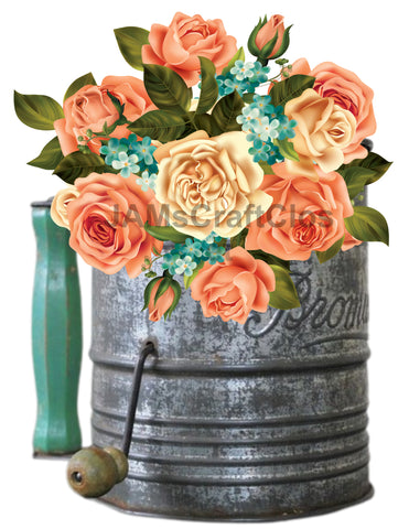 DIGITAL GRAPHIC DESIGN-Country-Floral-Vintage FLOUR SIFTER 1 Peach Flowers-Sublimation-Download-Digital Print-Clipart-PNG-SVG-JPEG-Crafters Delight-Digital Art {{ JAMsCraftCloset }}